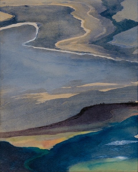 a painting on wood depicting a landscape in blues