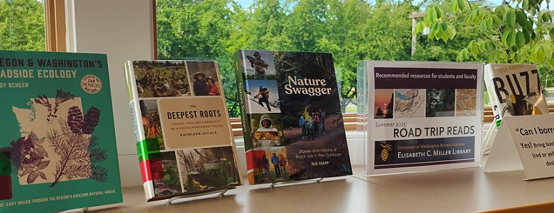 A portion of the books in the Road Trip Reads display