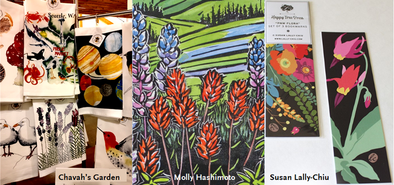 tea towels from Chavah's Garden, print of wildflowers by Molly Hashimoto, and floral prints by Susan Lally-Chiu