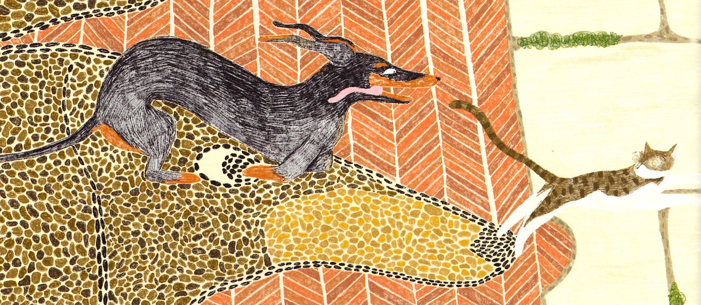 Neil the cat with a dachsund in pursuit, from an illustration by Dabin Han