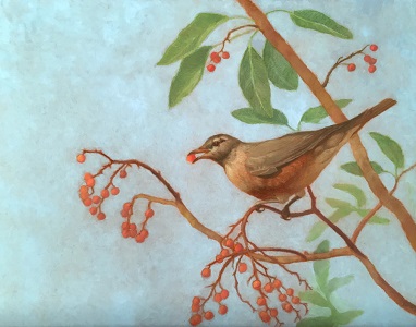 painting of robin and berries by Suzanne Brooker