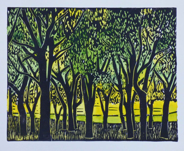 grove of trees with black trunks on a yellow blackgound