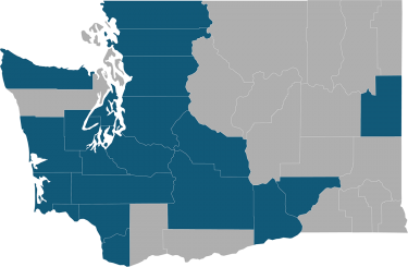 Washington state map with 20 counties colored in blue to represent Cancer Prevention and Control efforts.
