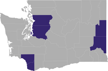 Washington state map with six counties colored in purple to represent PEARLS being there.