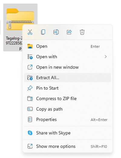 Image of a zip folder that has been right clicked with a drop-down menu appearing. There is an option to "Extract All..."
