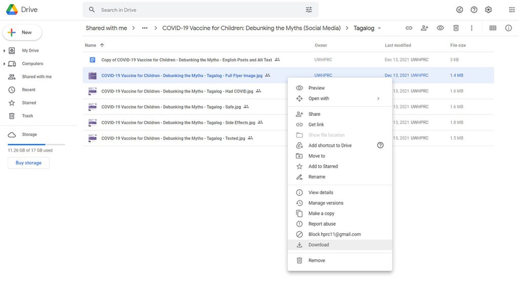 A Google Drive folder with multiple images and a Word document file. One image in the folder has been selected and a drop-down menu for the item has been opened. The option to download the image is highlighted.