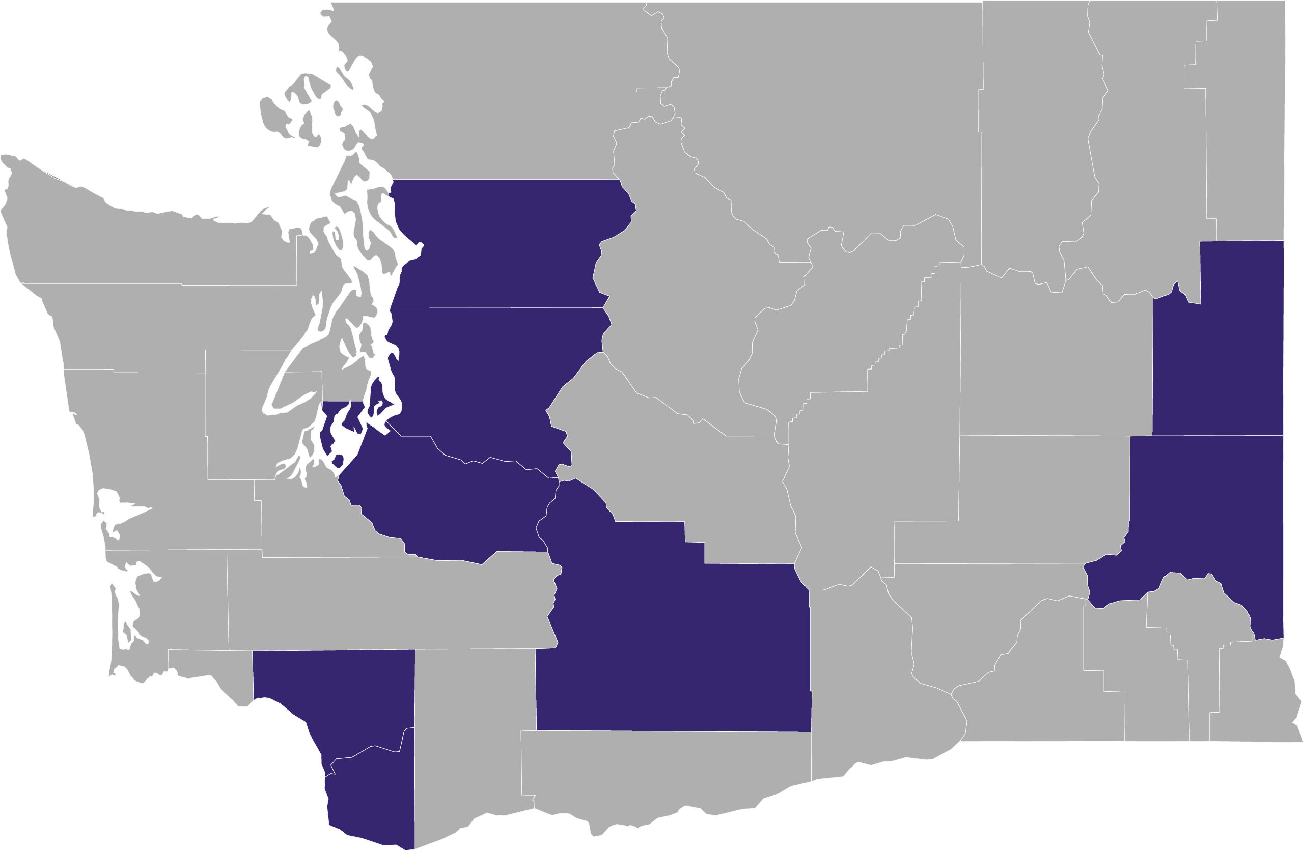 Washington state map with six counties colored in purple to represent PEARLS being there.