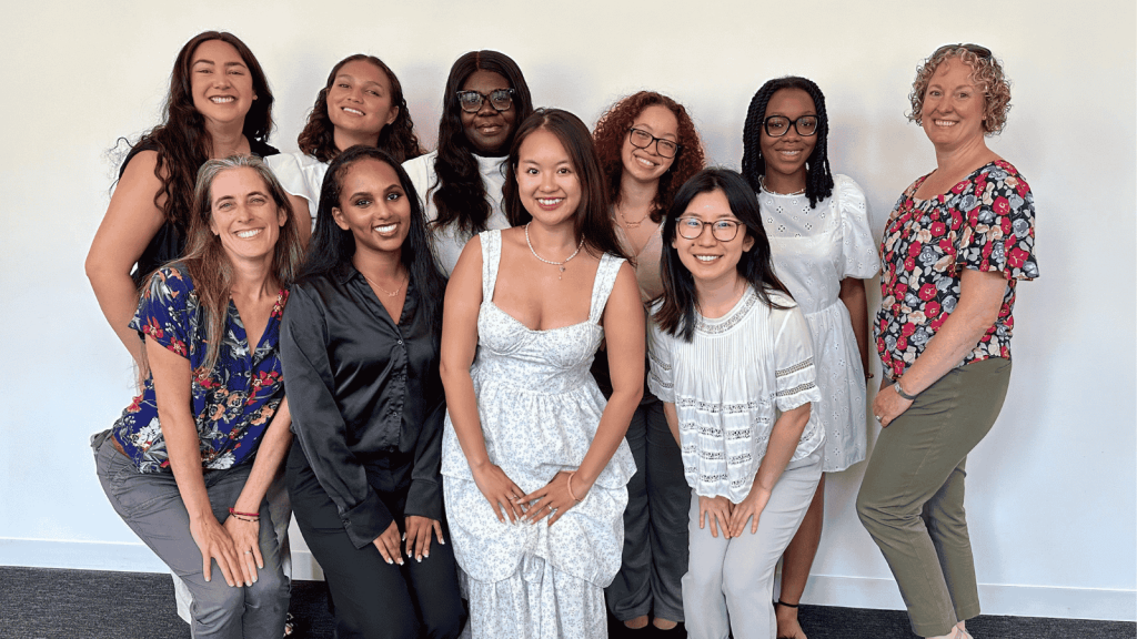 SHPEP scholars and mentors from left to right. Mentors are the first and last people in each row. Everyone else are scholars.
Front row: Lesley Steinman, Haben Berhane, July Paw and Sherry Wu
Back row: Kenzie Lock, Hannah Jones, Vivian Agugo, Melanie Polanco, Madeleine Loua and Marlana Kohn