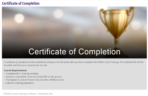 certificate of completion for PEARLS™