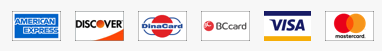 Accepted credit card types are American Express, Discover, DinaCard, BCcard, VISA, or Mastercard