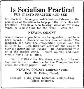 Ad for Nevada Socialist Colony