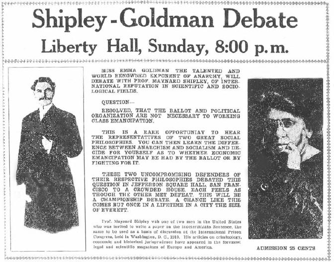 Shilpley-Goldman Debate promotion, Aug. 14, 1913