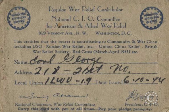  George's CIO National War Relief card 
