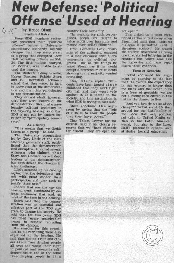 New Defense, Political Offense Used at Hearing, 4/15/1969