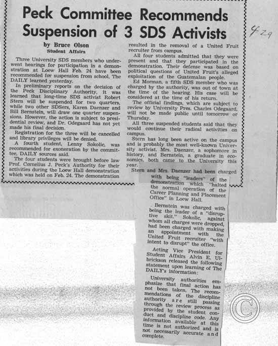 Peck Committee Recommends Suspension of 3 SDS Activists, 4/29/1969