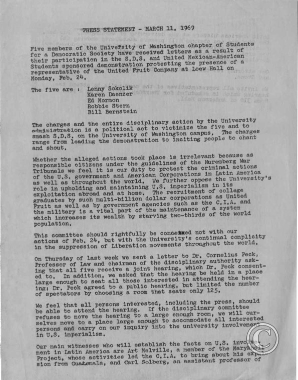 SDS Press Statement, 3/11/1969 pt. 1