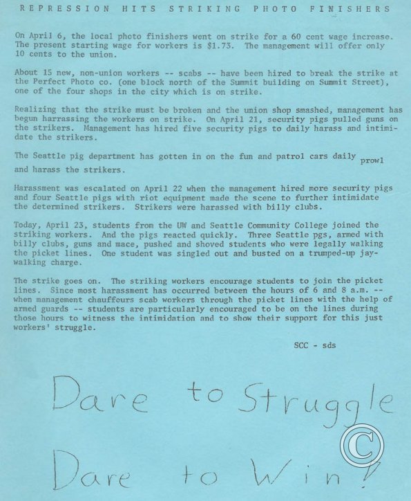 Repression hits striking photo finishers - SDS leaflet, 4-23-69
