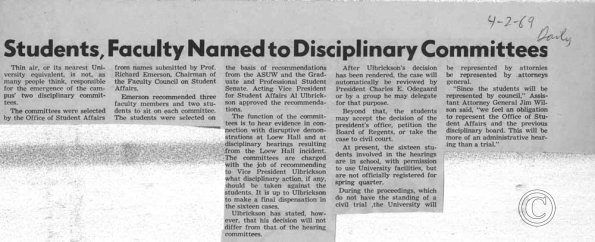 Students Faculty Named to Disciplinary Committees, Daily, 4/2/1969