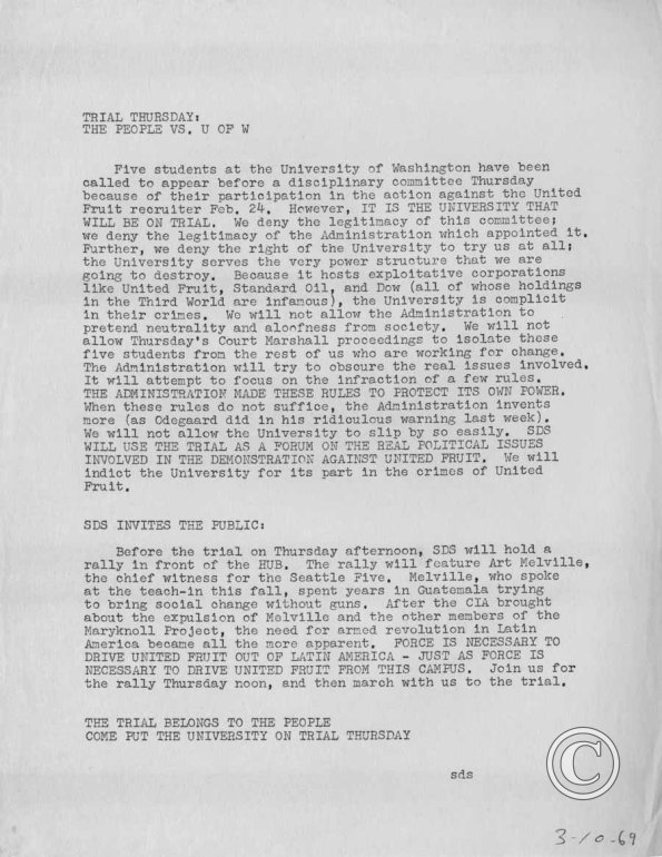 Trial Thursday The People vs UW, SDS, 3/10/1969