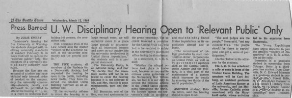 UW Disciplinary Hearing Open to Relevant Public Only, Seattle Times, 3/12/1969