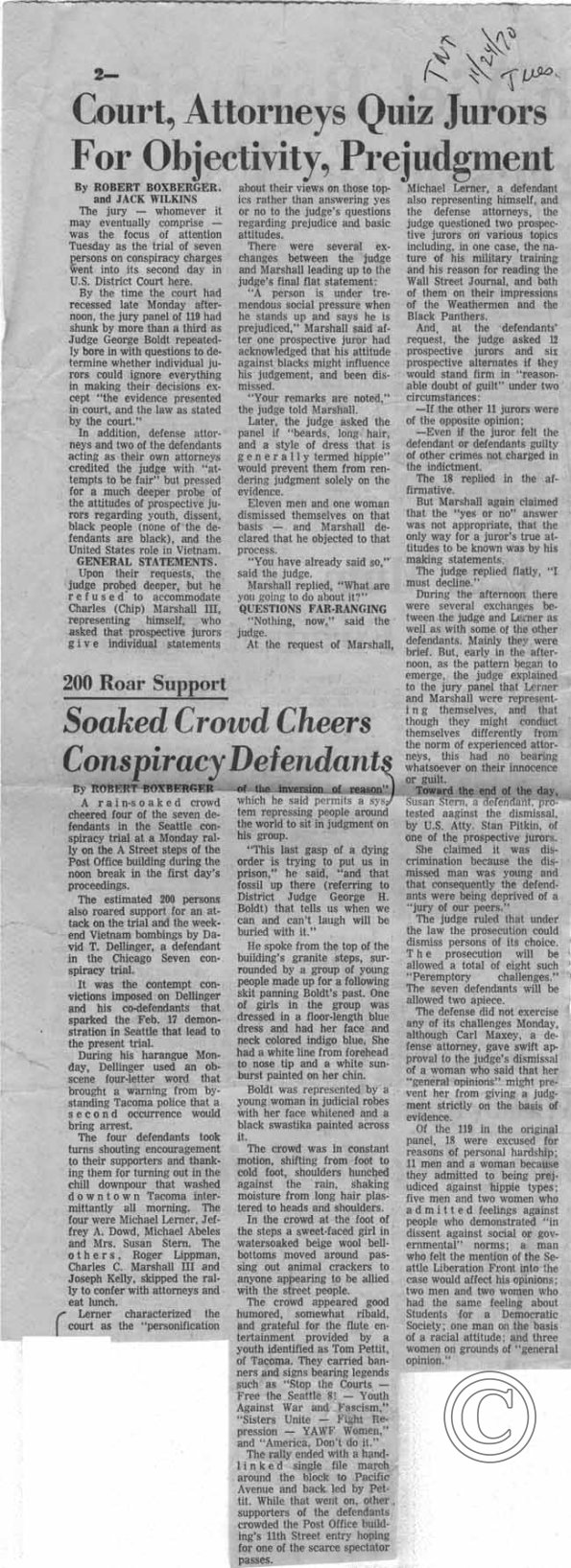 Court Attorneys Quiz Jurors For Objectivity Prejudgment, 11/24/1970