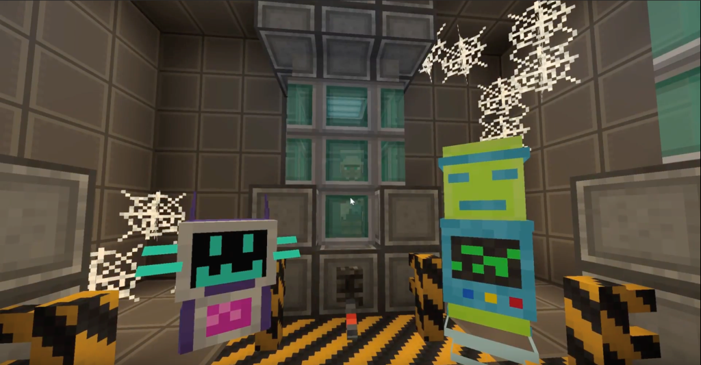 Screen capture of minecraft game. Two robot-like characters are looking straight ahead.