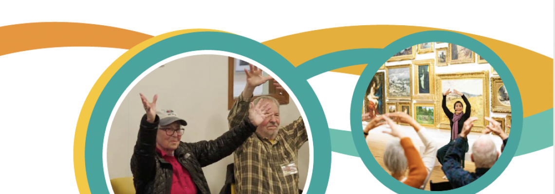 Two blue circles containing photos of people sitting in chairs and raising their arms.