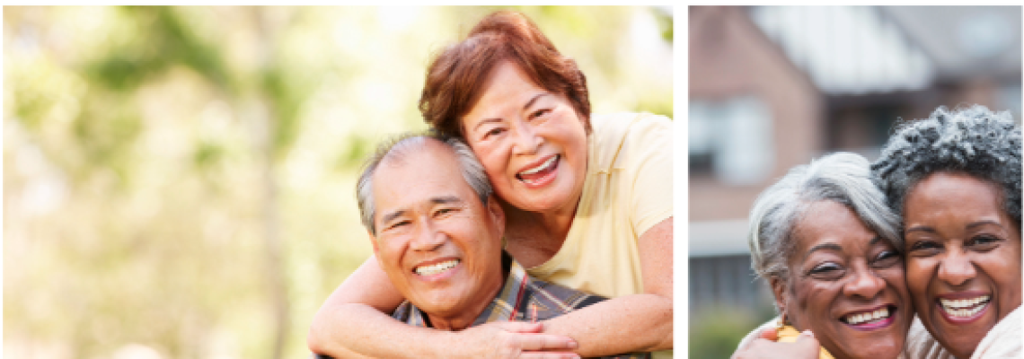 two different photos of older couples embracing each other