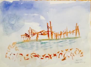 abstract watercolor painting of a blue sky above a broken wooden bridge falling into water below