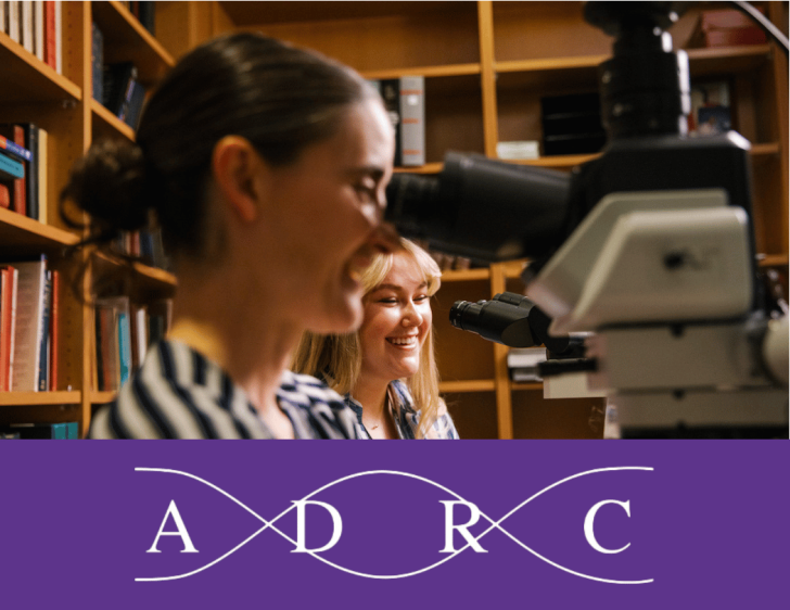 White letters ADRC within a DNA Helix on Purple background