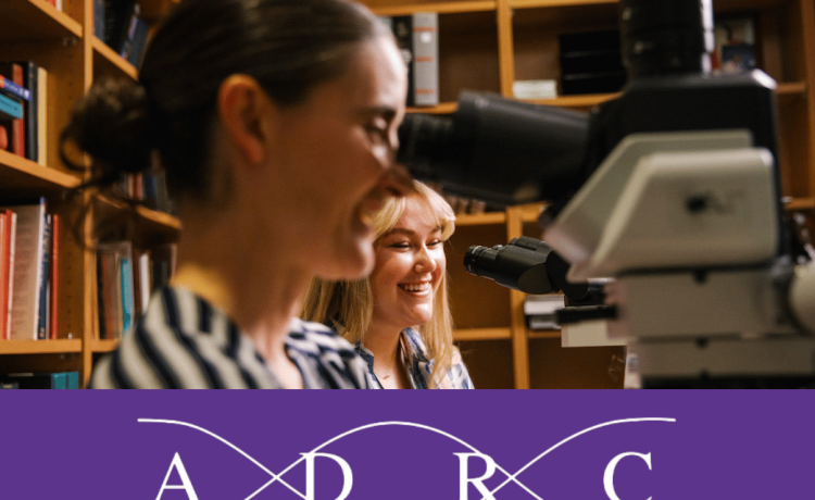 White letters ADRC within a DNA Helix on Purple background