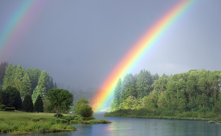 A double rainbow above a river and forest