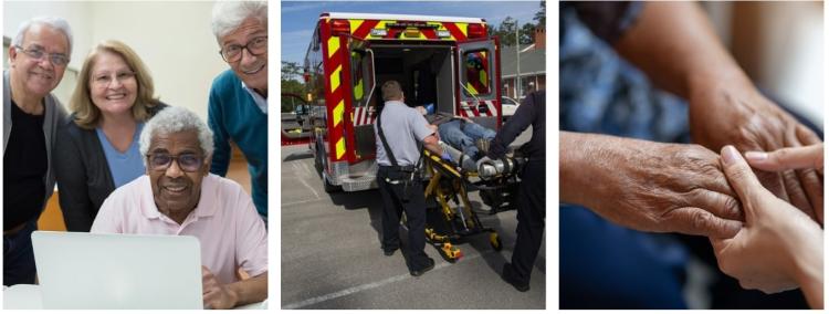 A family gathers around a computer screen, a patient is loaded into an ambulance on a stretcher, and two people hold hands
