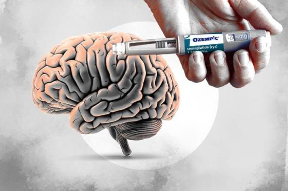 a brain being injected with a syringe that says ozempic