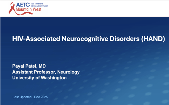 Blue square with talk title and presenter name. Logo of AIDS Education and Training Center Program and logo of Project ECHO.