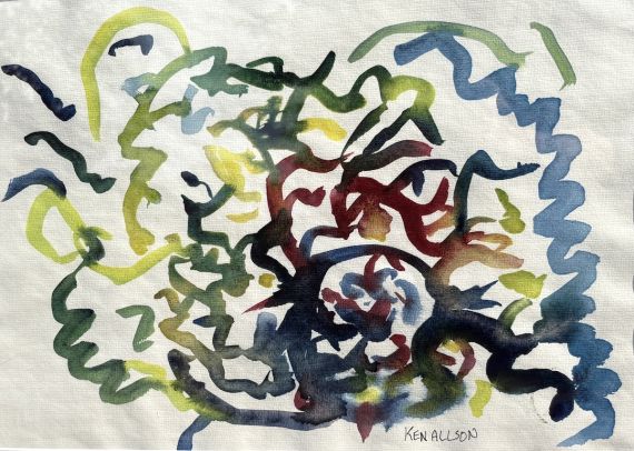 Burgundy, green, and yellow dashes of watercolor on paper