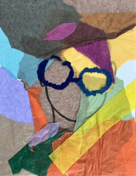 a colorful tissue paper collage framing a the outline of a face with sunglasses