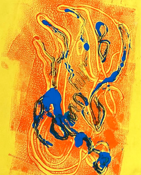 Blue paint drops sit atop bright orange