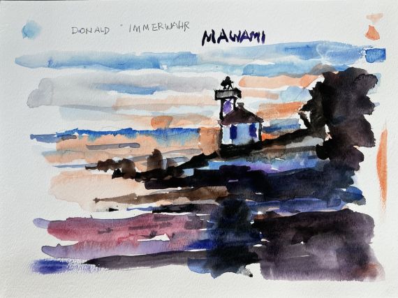 Watercolor painting of a lighthouse on the water
