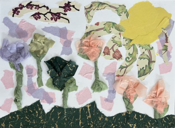 A collage of tissue papers in the shape of flowers under the sun