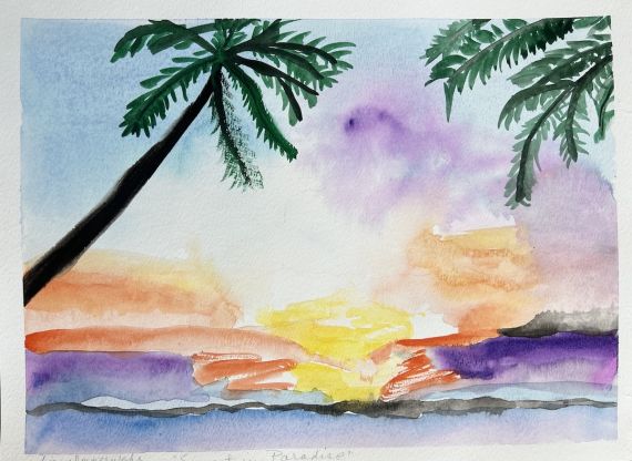 Palm trees and a sunset over water in watercolor paint
