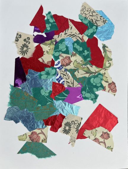 a collage of multiple scraps of blue, green, red paper and foil