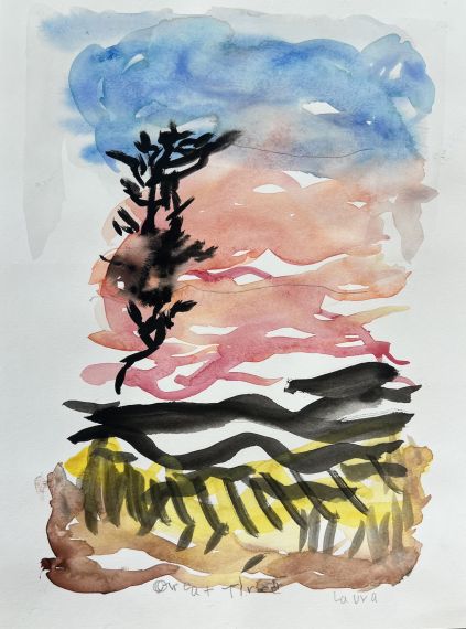 Watercolor painting of a black tree and abstract landscape with pinks and blues