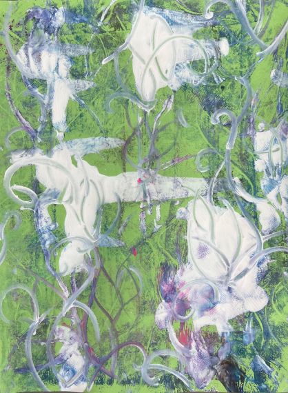 White figures and blue wavy lines on a green background