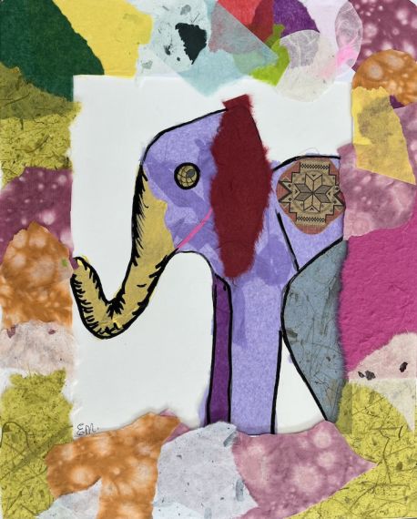 Colorful tissue paper collage frames a side view of a profile of a purple elephant head