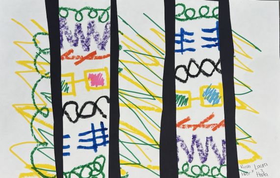 Colorful symbols and designs behind four thin black vertical bars