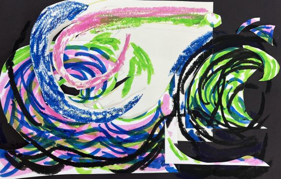 Black, green, pink and blue swirls on paper
