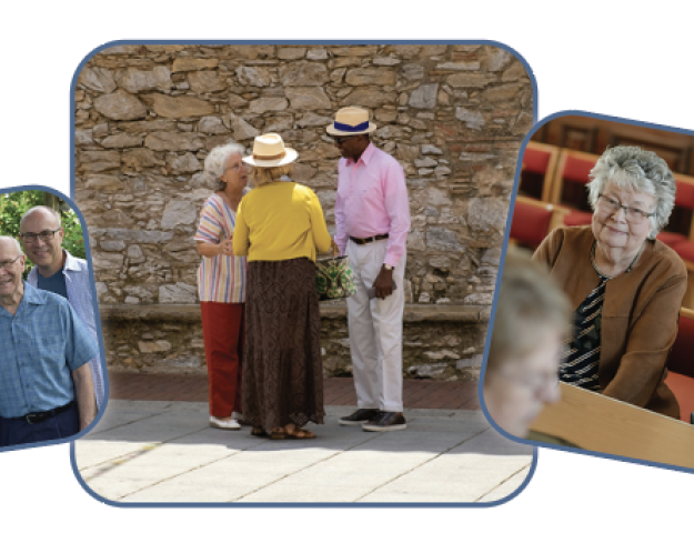 Three older adults stand and talk in summer weather
