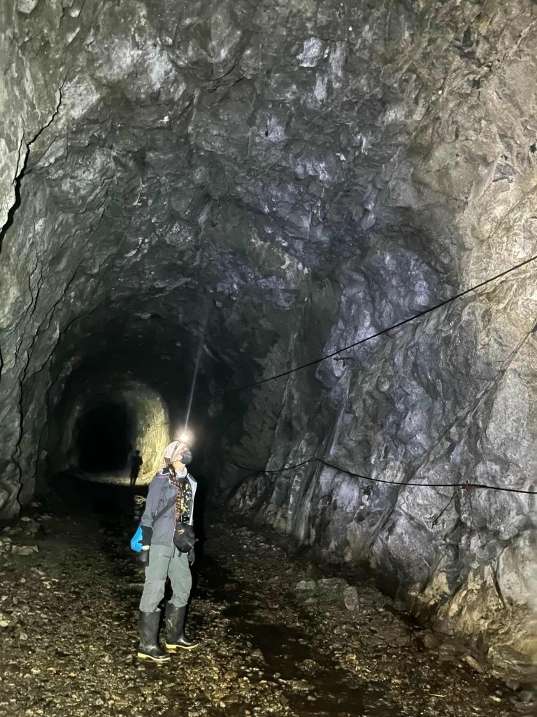 A scientist with a headlamp on looks up at the walls of a tunnel. 