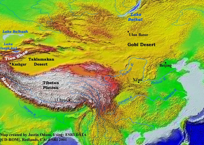 physical map of east asia with rivers